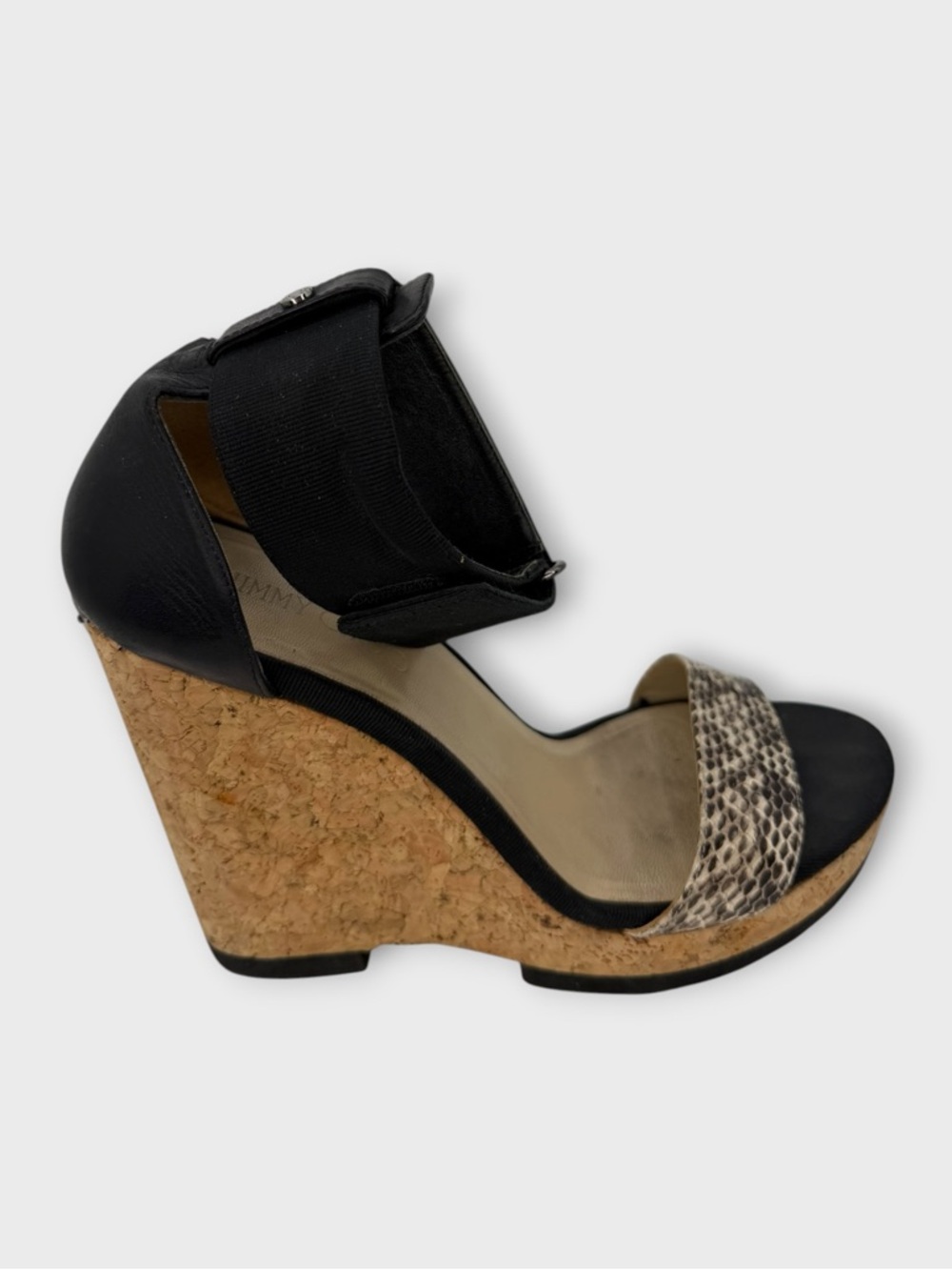 Jimmy Choo Neston Cork Wedge Sandals Snakeskin & Black Leather Euro 41.5 US 10.5